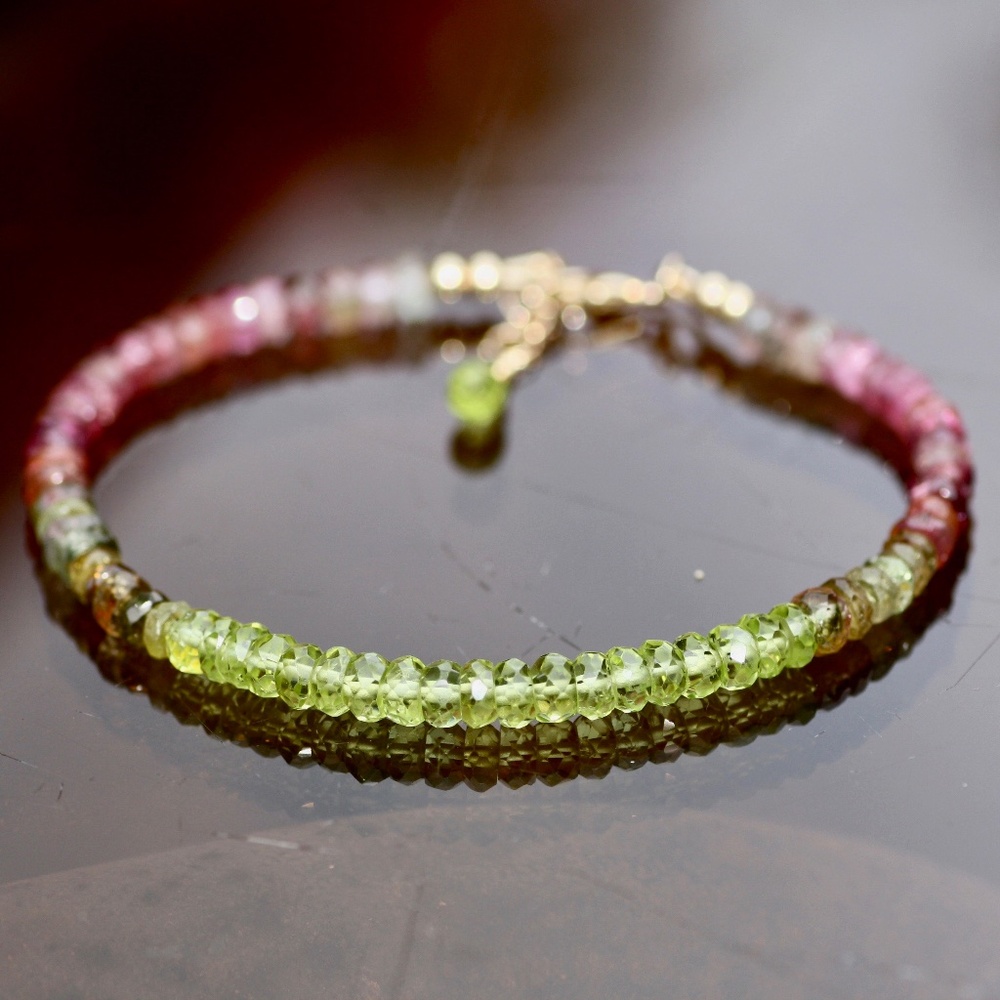 Handmade 14K Yellow Gold Natural Tourmaline Peridot Bracelet 7.75"